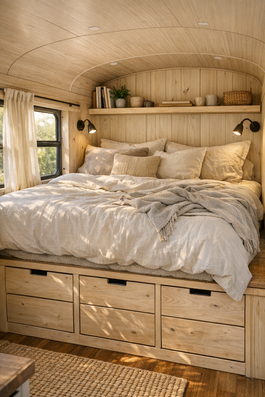 Compact bedroom in a converted bus with raised bed and soft linen bedding