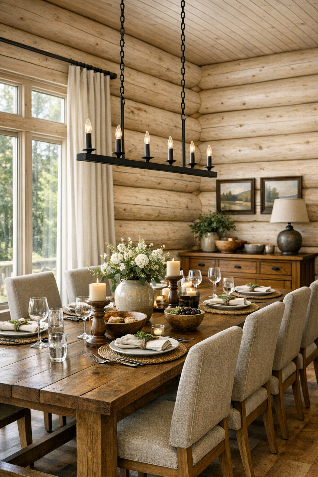 Dining room with solid wood table, upholstered chairs, and iron chandelier