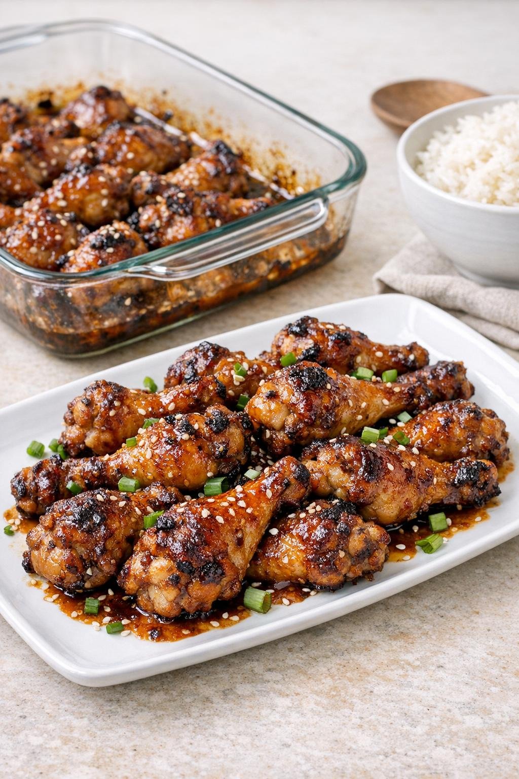 Finished sticky baked chicken drumettes on a platter