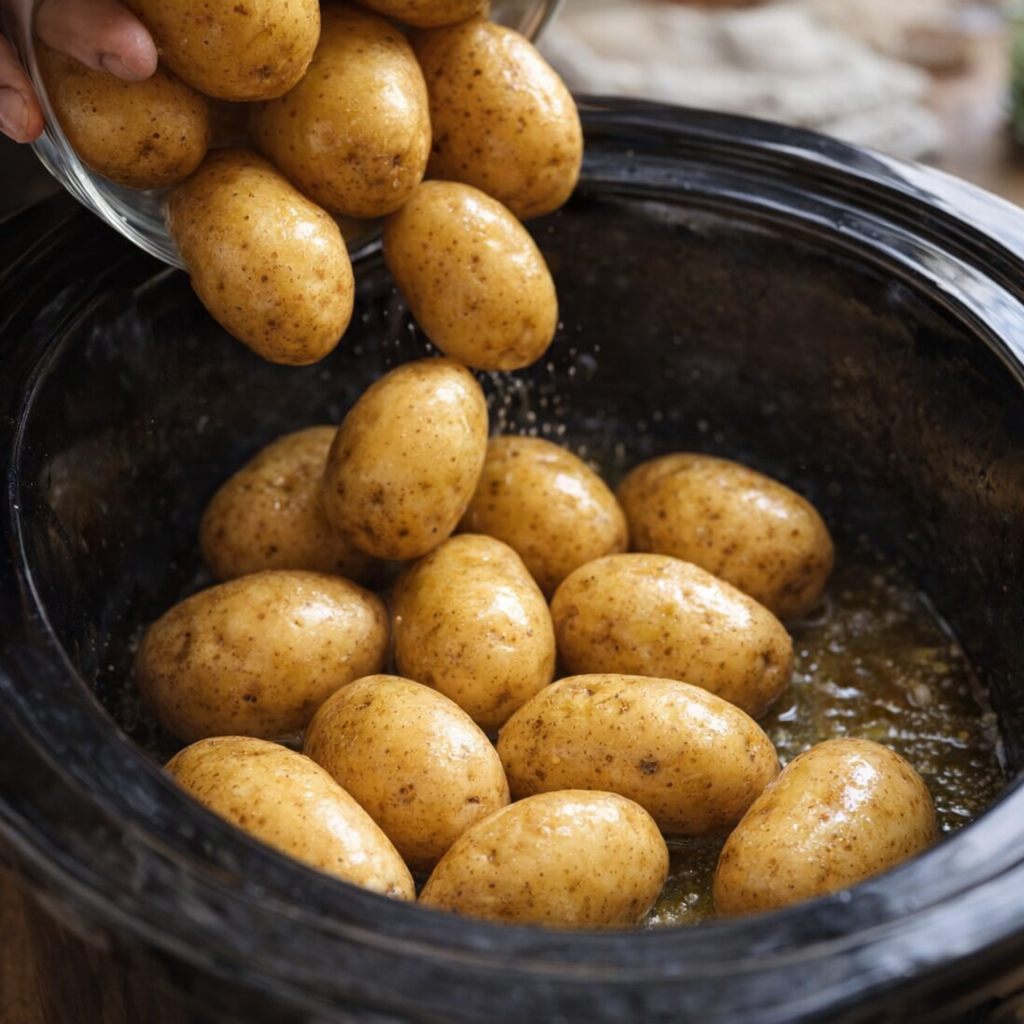 Potatoes being added to a greased slow cooker