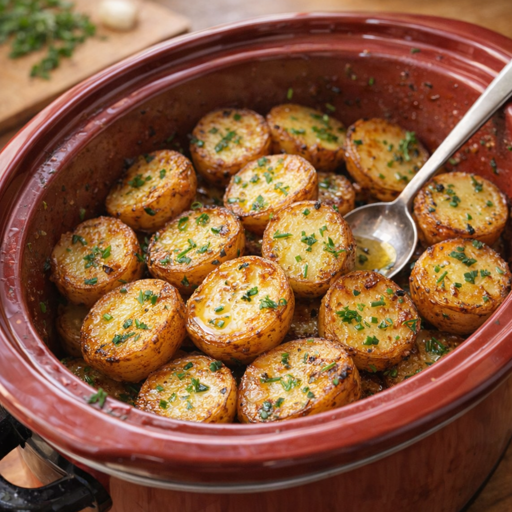 Slow cooker caramelized potatoes served family-style