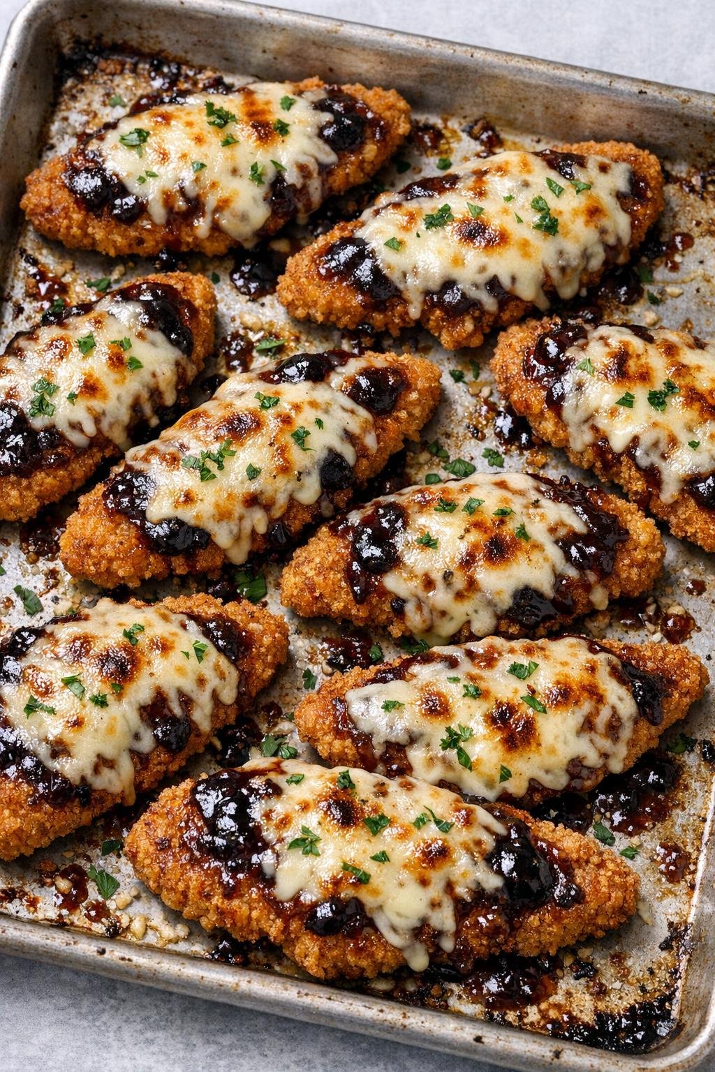 Finished cheesy sauced chicken tenders on a baking sheet