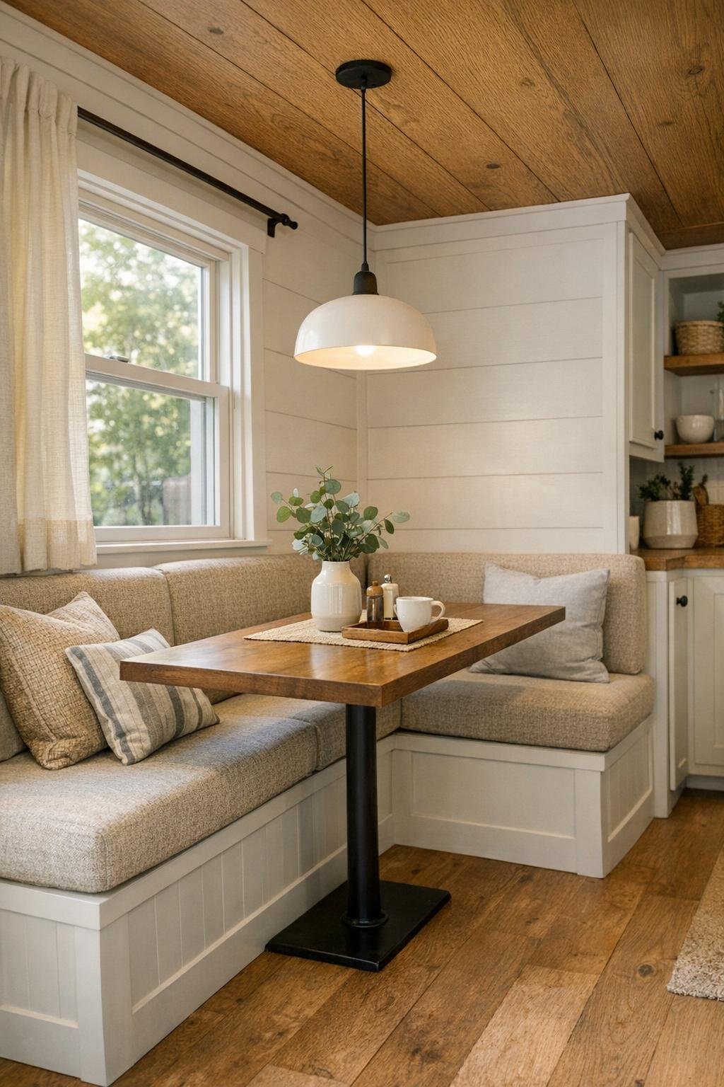 Cozy dining nook with built-in banquette, slim wood table, and pendant light