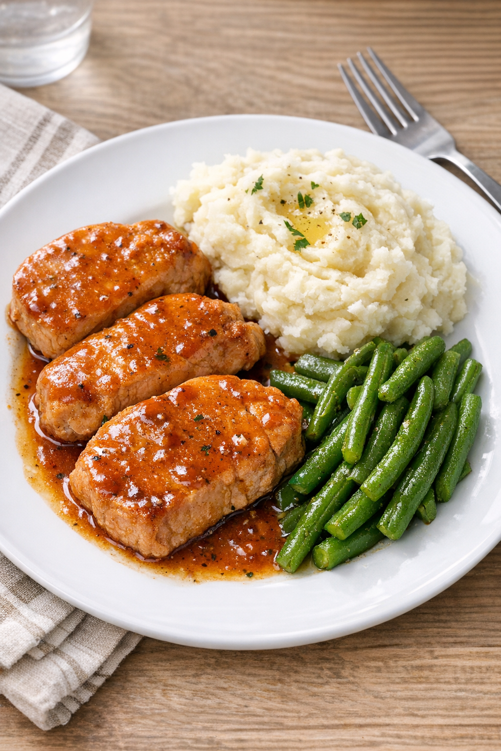 Finished plated slow cooker boneless pork chops with glossy orange-brown sauce