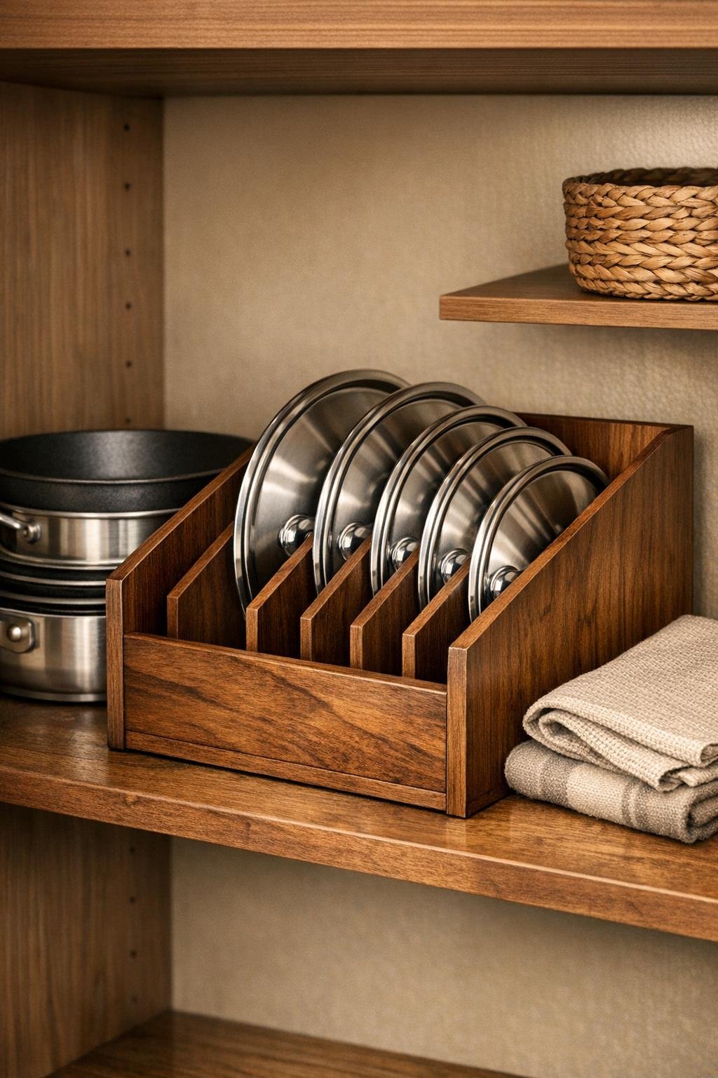 Finished walnut-stained lid organizer holding silver pot lids inside a kitchen cabinet