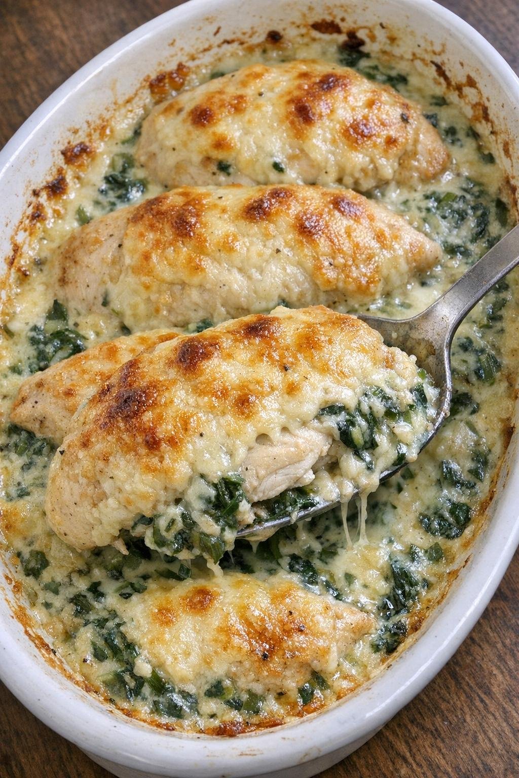 Golden chicken florentine casserole in a white oval dish