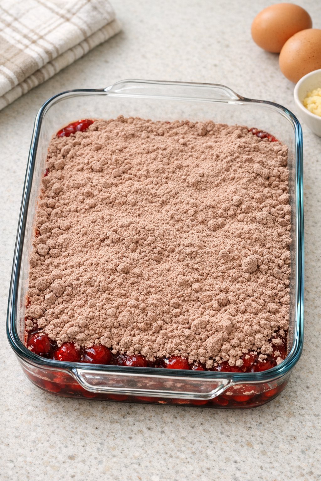 Dry brownie mix layered over cherry filling