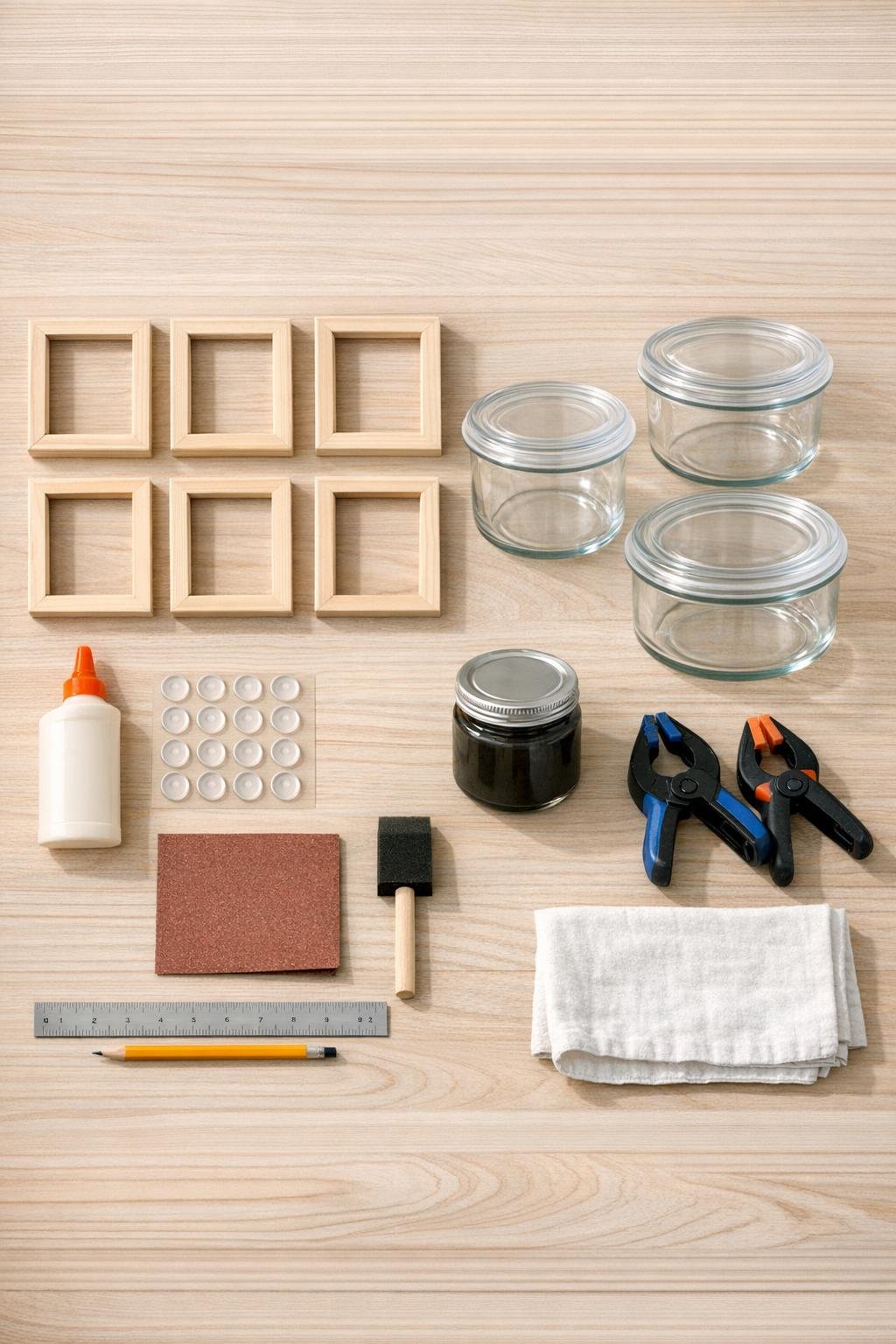 Wooden picture frames, glass containers, adhesive pads, wood glue, paint, and basic tools laid out for the pantry riser project