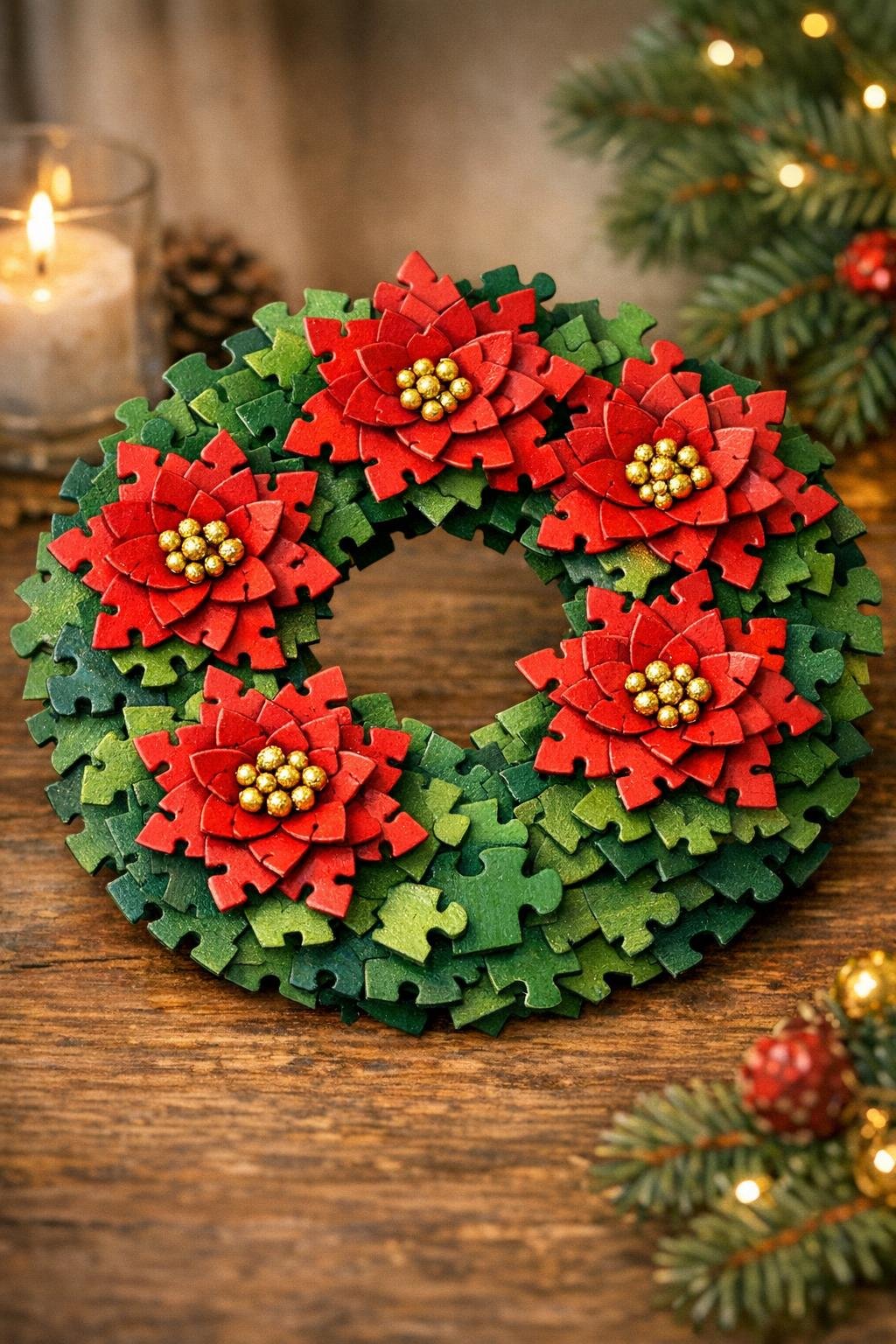 Finished red poinsettia puzzle wreath