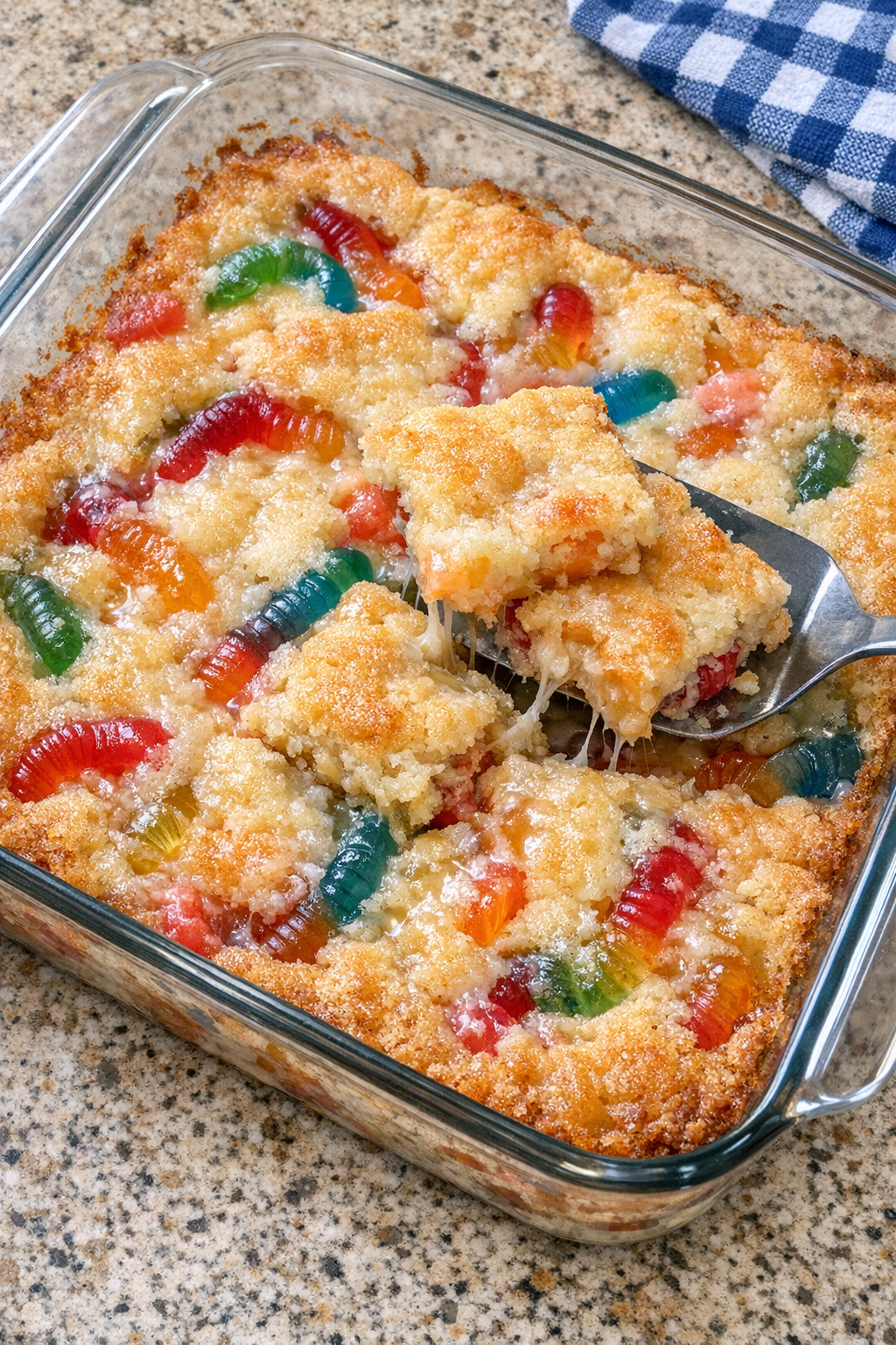 Finished baked gummy worm dessert