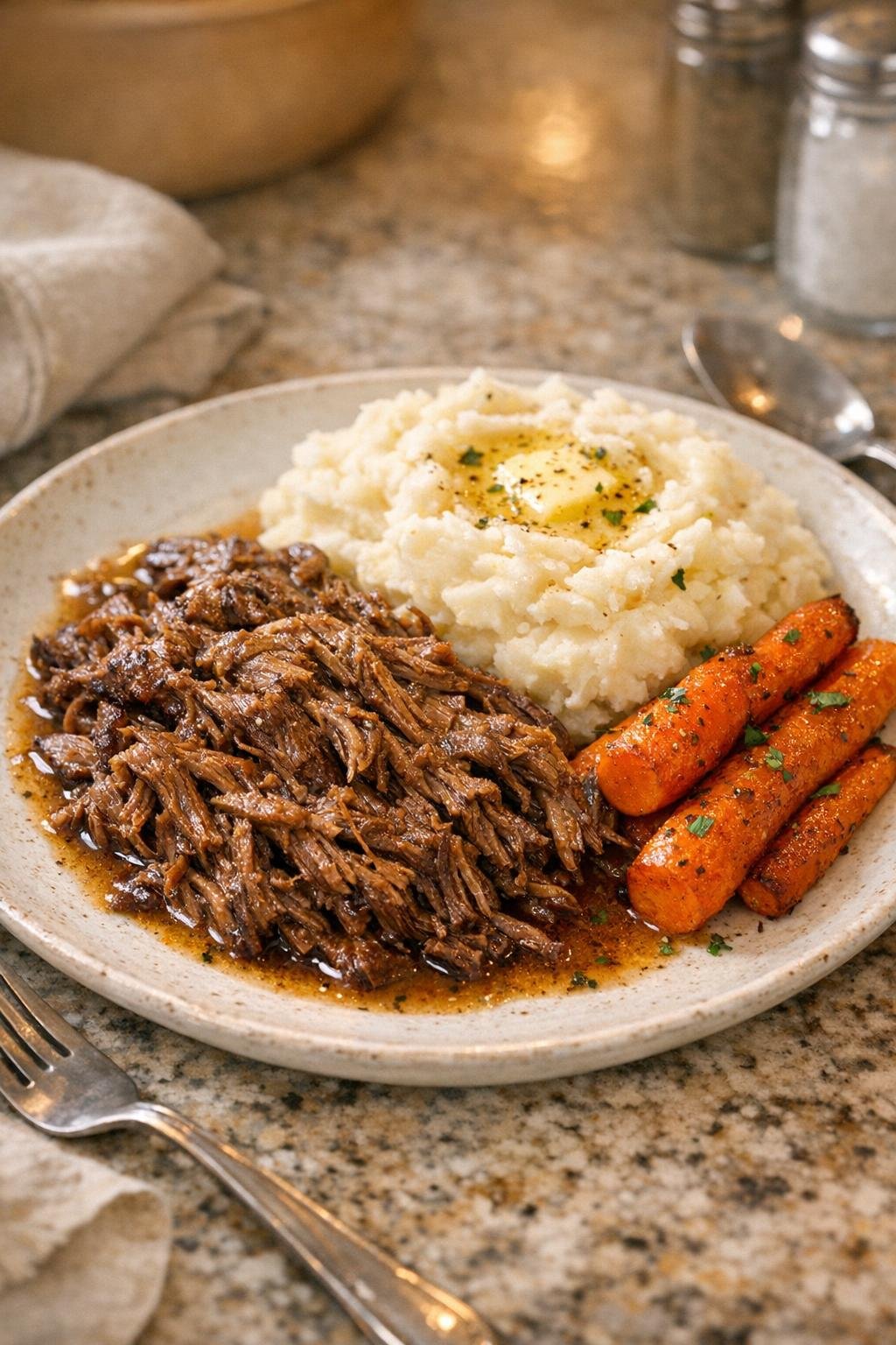 Finished shredded brisket point plated for supper