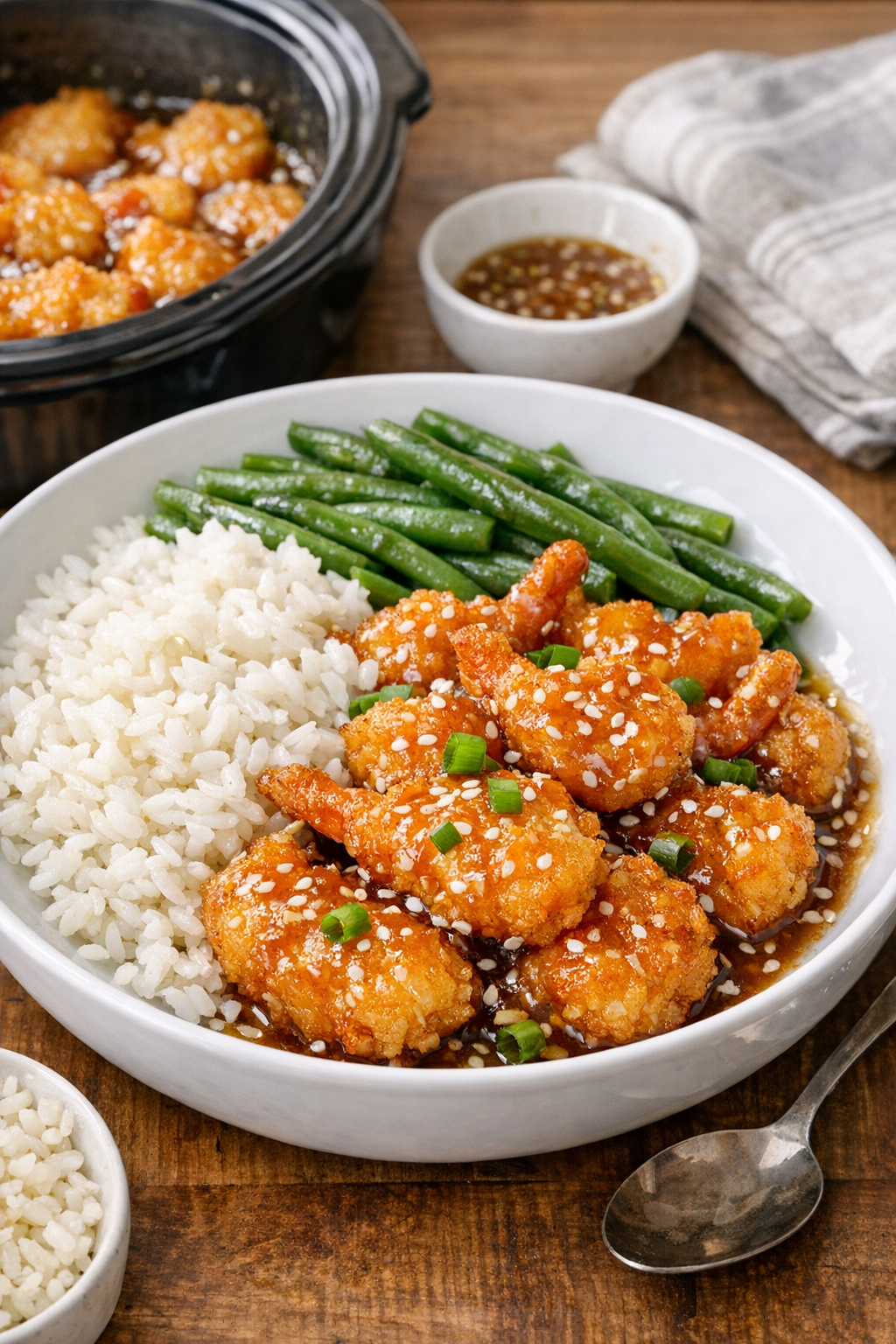 Finished plated butterfly shrimp with glossy sauce