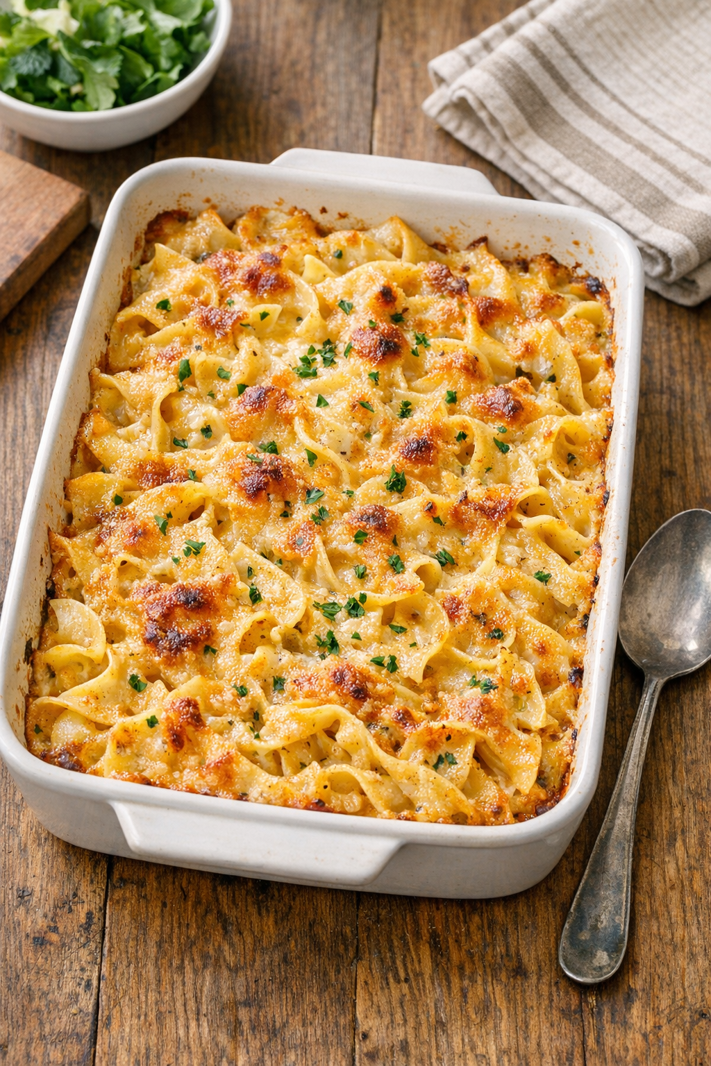 Finished baked beer cheese noodles in a casserole dish