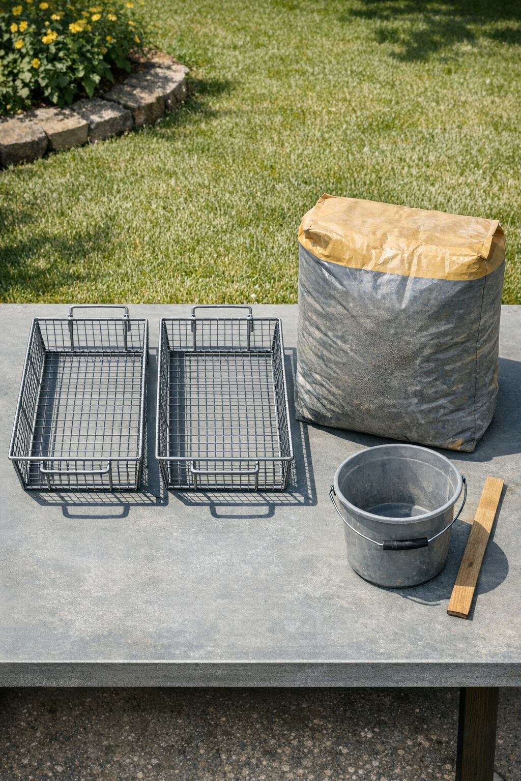 Wire grill baskets and cement mix laid out for the project
