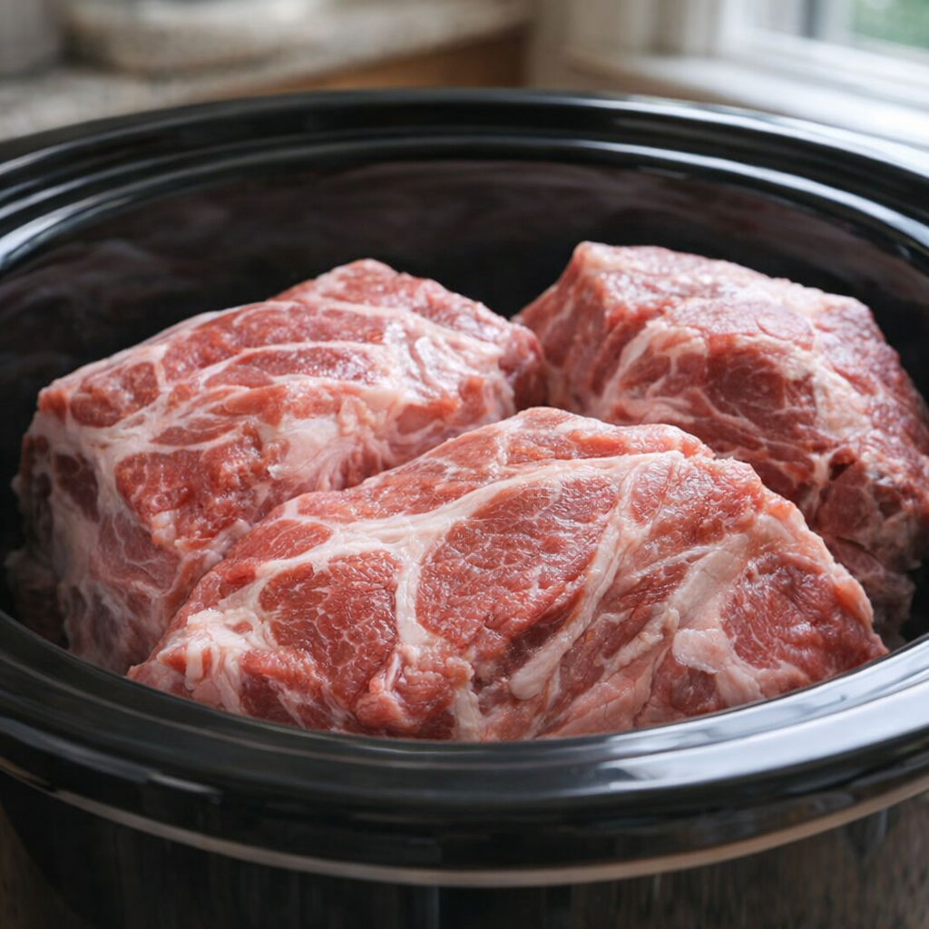 Chunks of pork shoulder arranged in a slow cooker