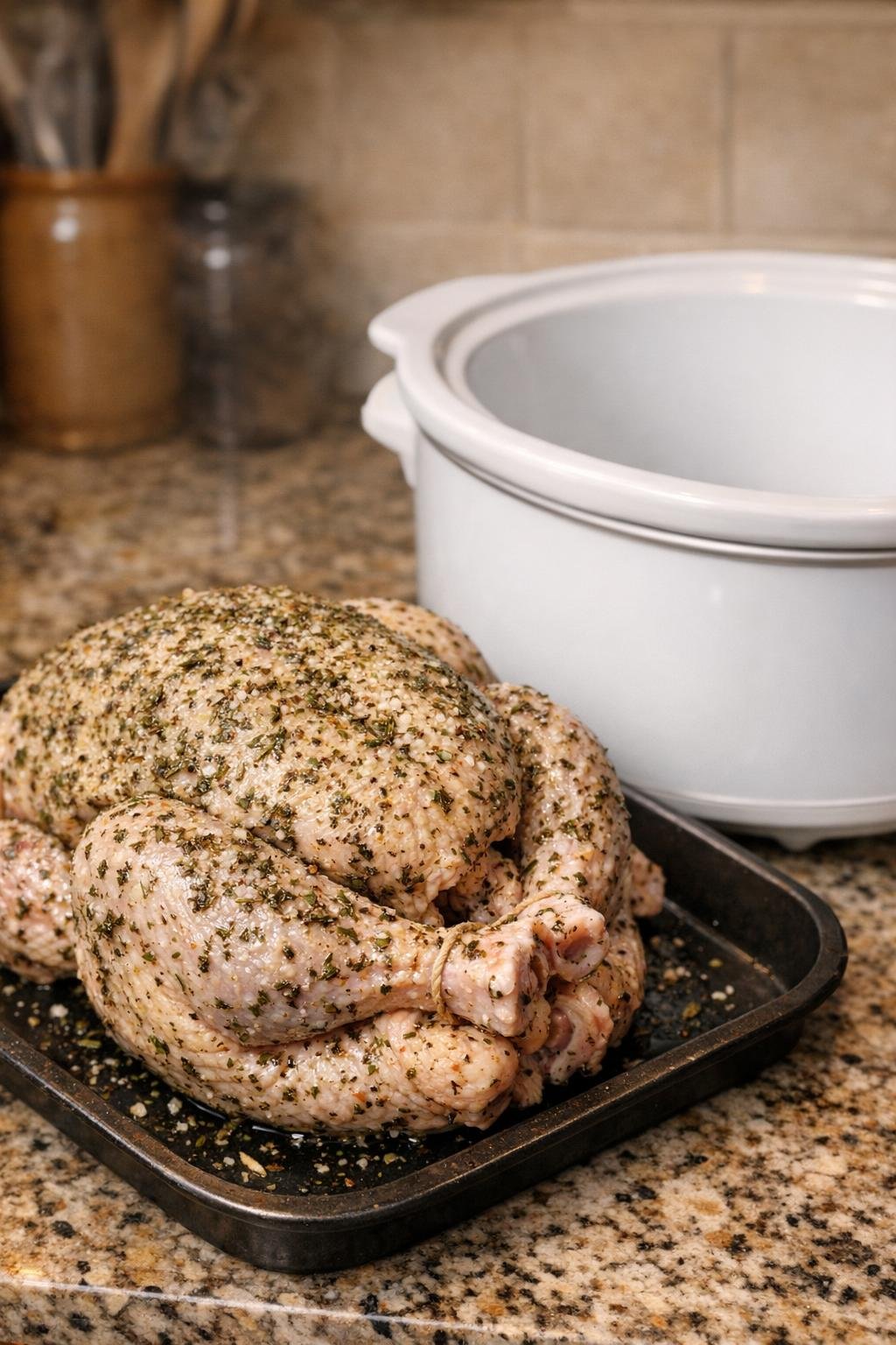 Kip met kruiden, klaar voor de slowcooker.