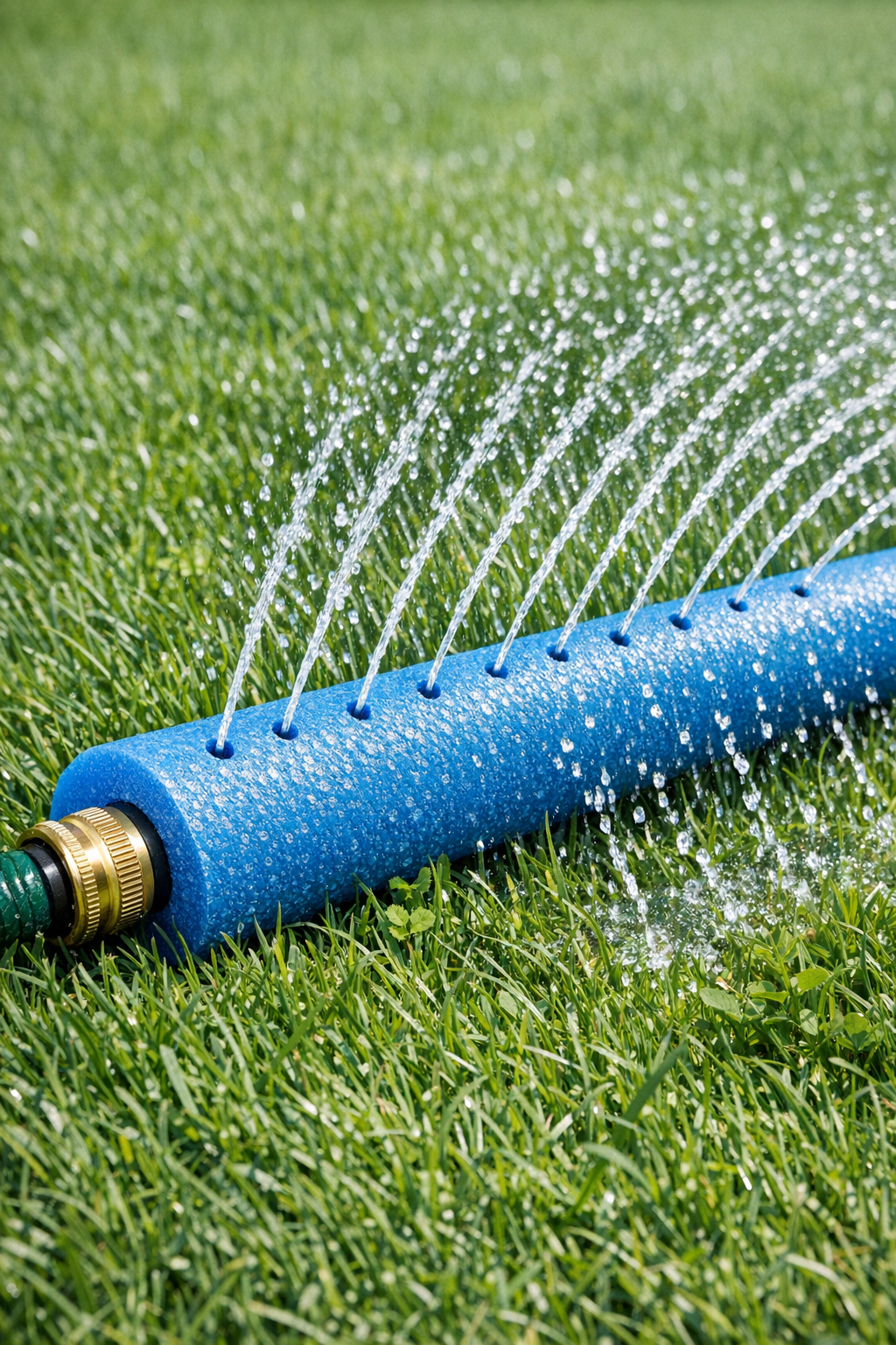 Finished bright blue pool noodle sprinkler connected to a garden hose
