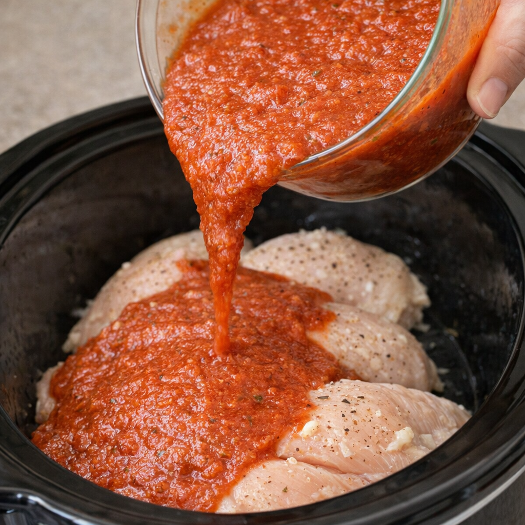 Marinara sauce being poured over chicken in the slow cooker