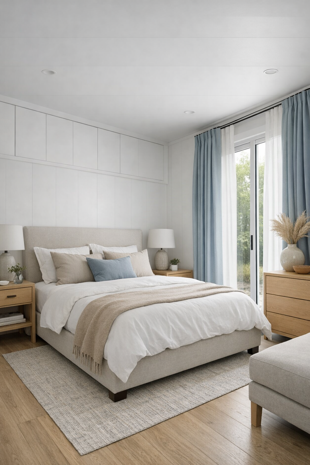 Calm neutral bedroom with upholstered bed, layered linens, and soft natural light