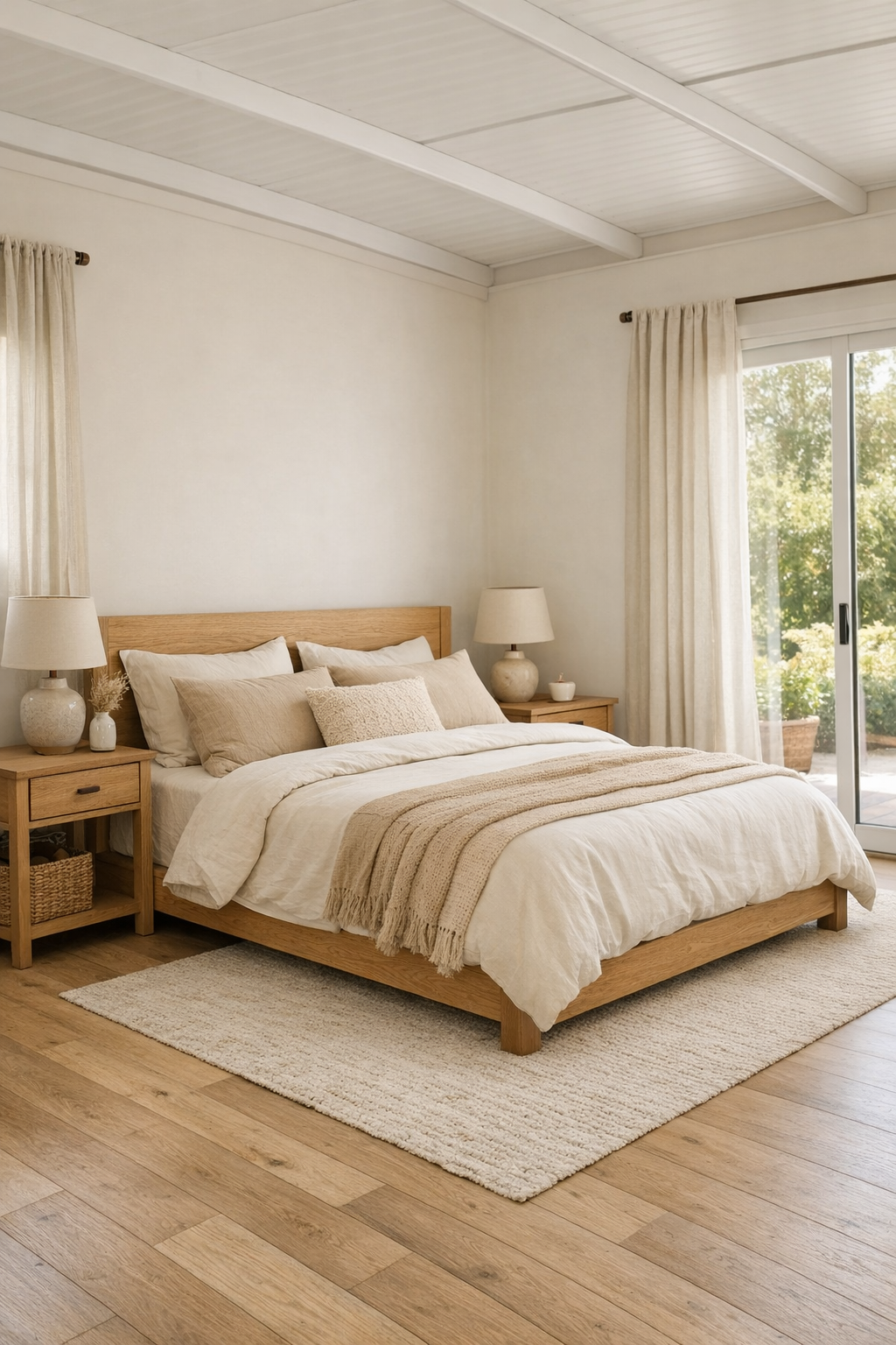 Calm bedroom with layered ivory bedding, light oak furniture, and soft natural light