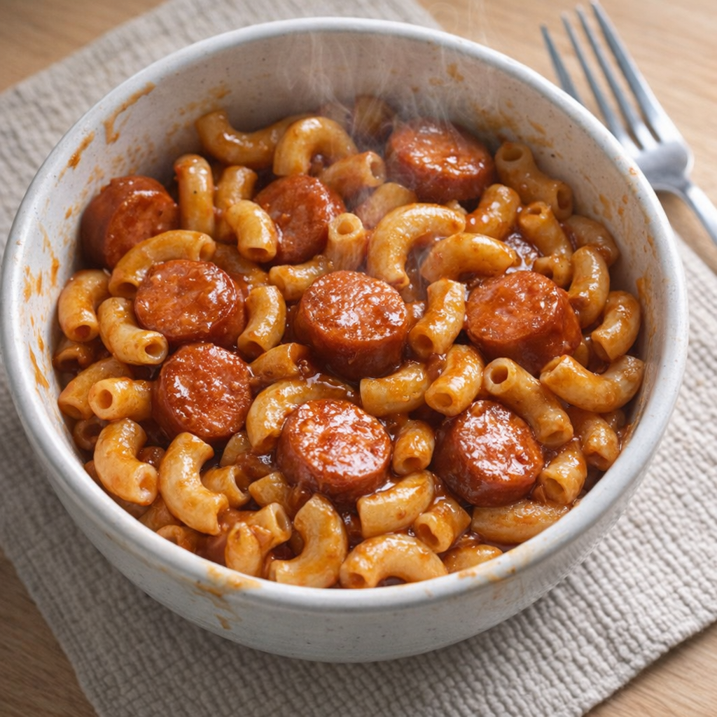 Slow cooker hot dog macaroni served in a casual weeknight bowl
