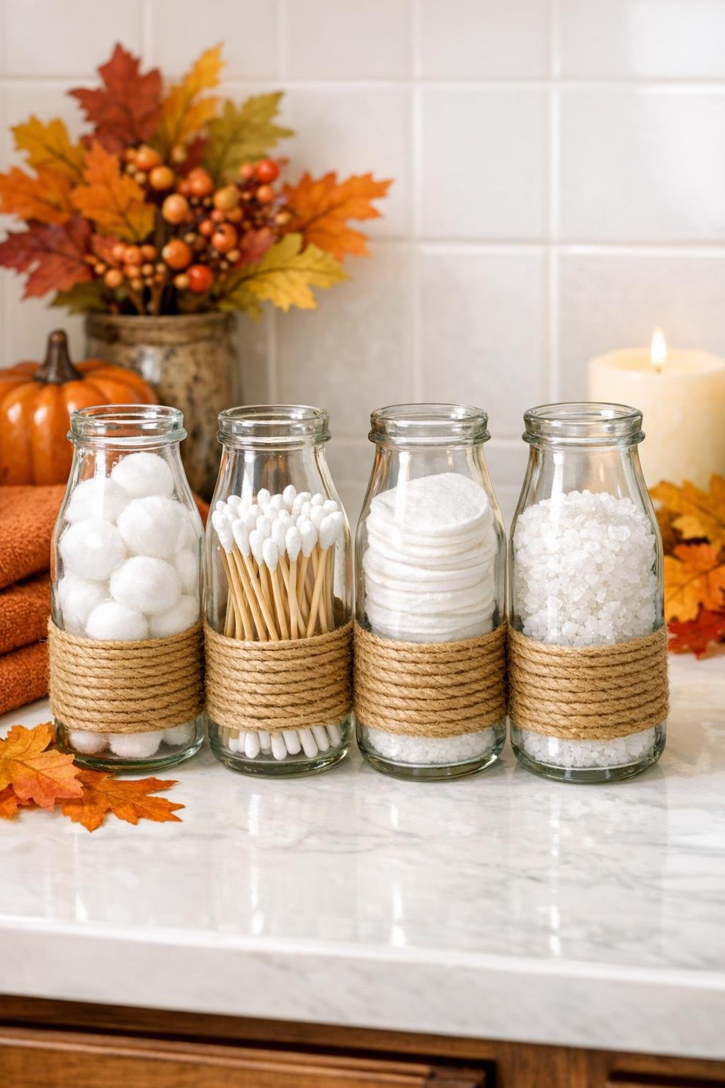 Completed fall cotton dispenser set made from four twine-wrapped glass milk bottles