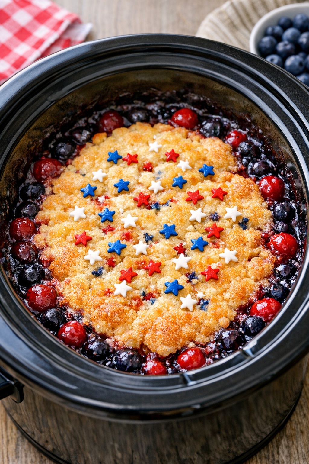 Cooked cobbler in the slow cooker with golden topping and bubbling fruit