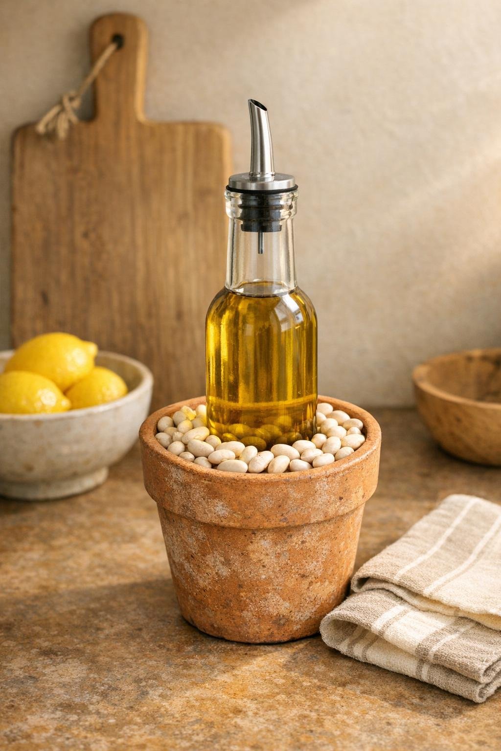 Finished olive oil cruet in terra cotta pot filled with white navy beans