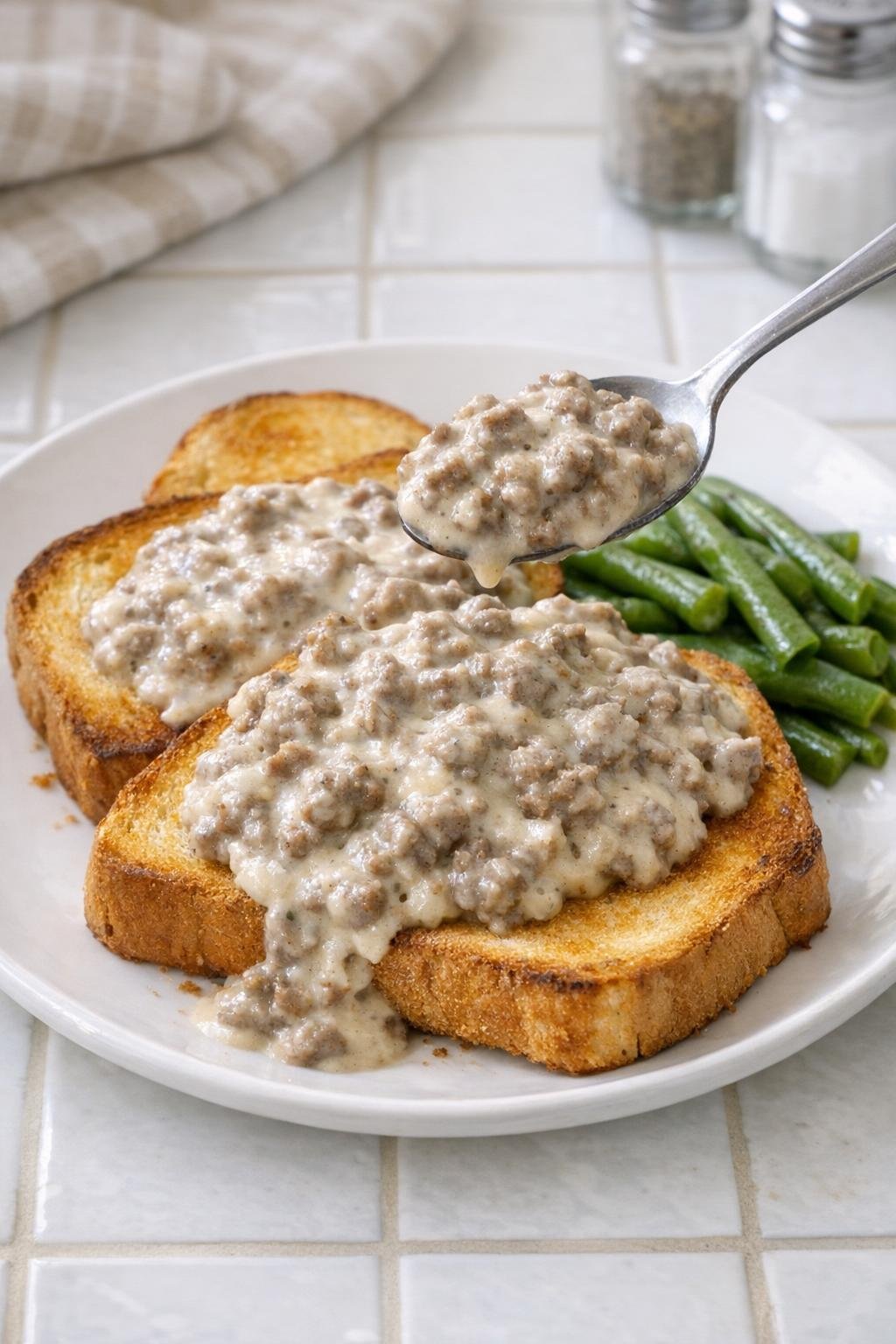 Finished plated creamed beef over toast