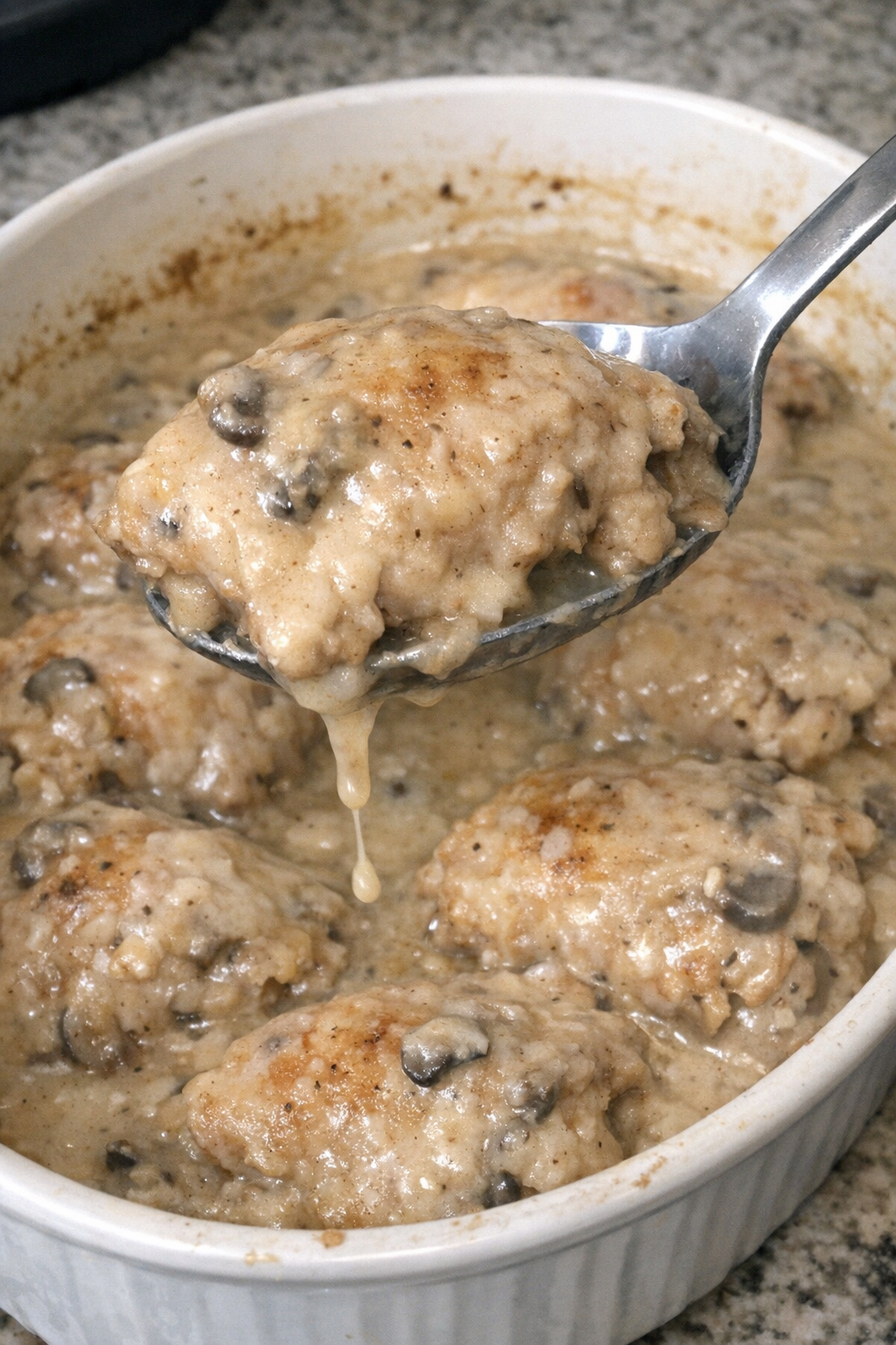 Tender chicken thighs in creamy mushroom gravy in a casserole dish