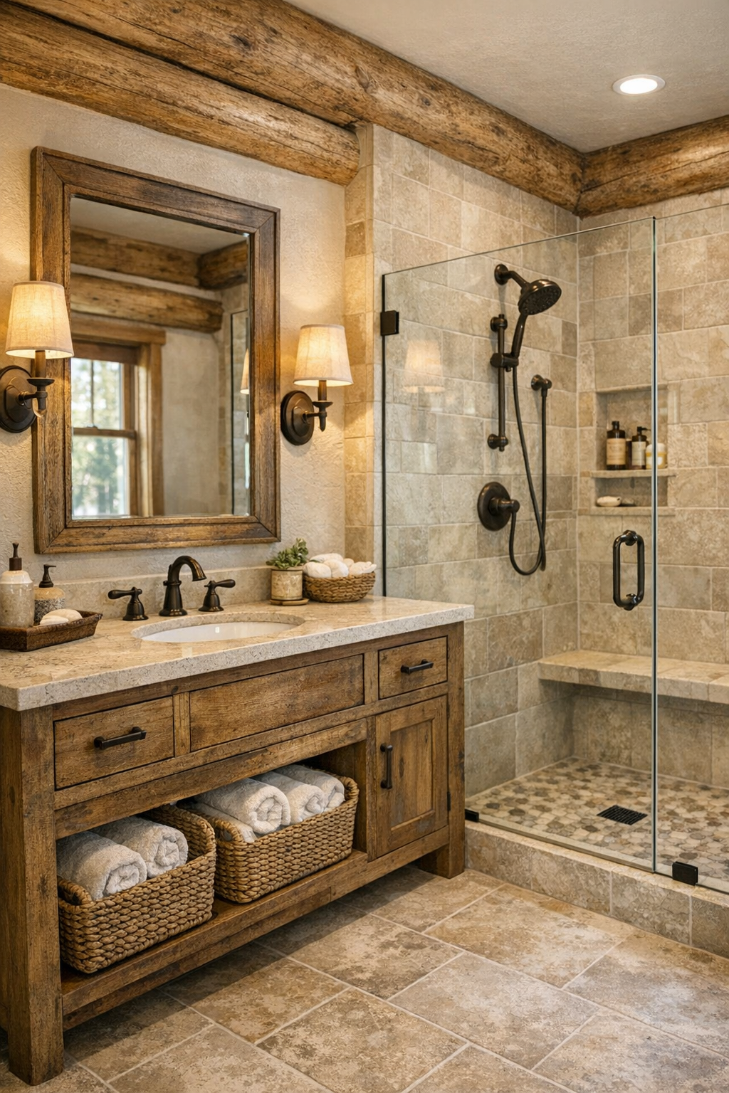 Rustic bathroom with a custom wood vanity, neutral stone finishes, and a walk-in shower