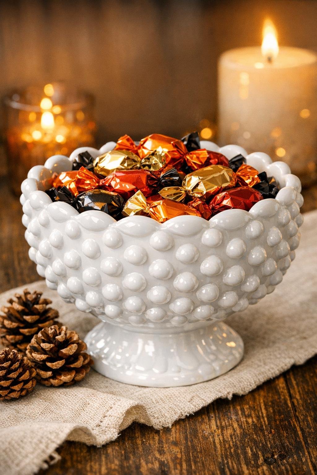 Finished faux hobnail milk glass candy bowl styled for fall