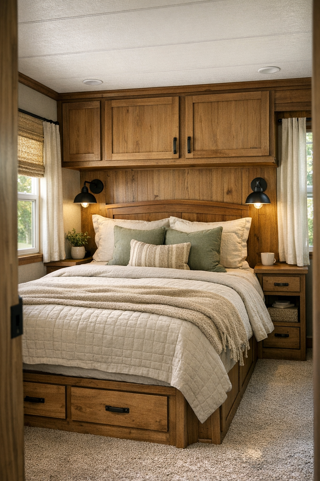 Serene bedroom with layered linens, wood trim, and soft sage accents
