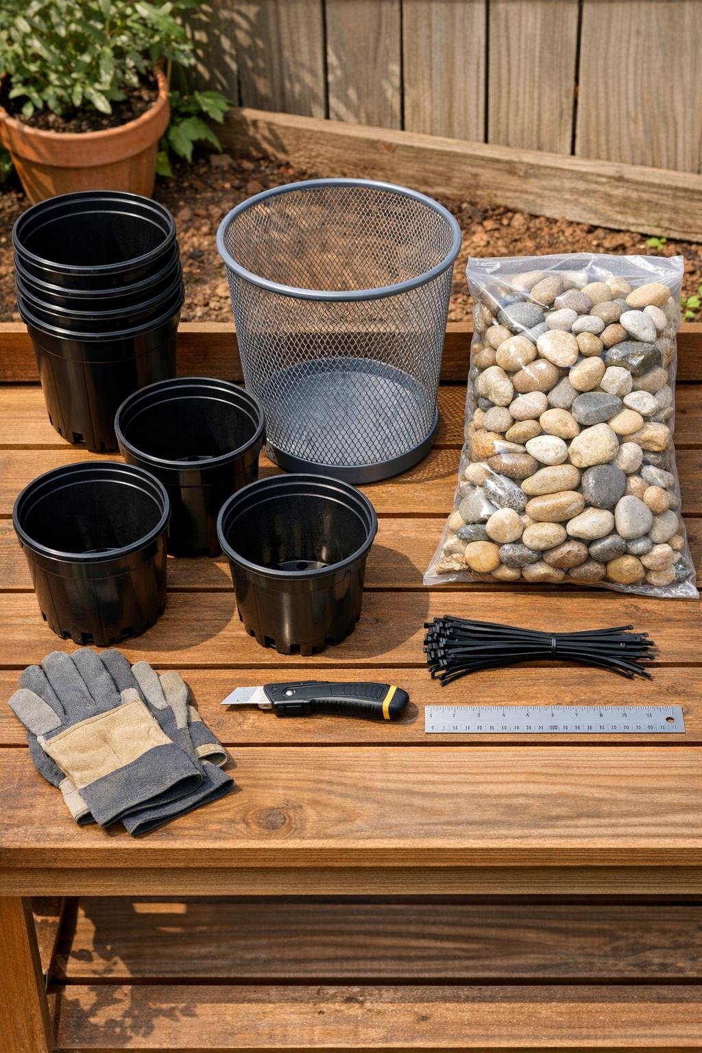 Materials for a raised bed drainage tower laid out on a potting bench