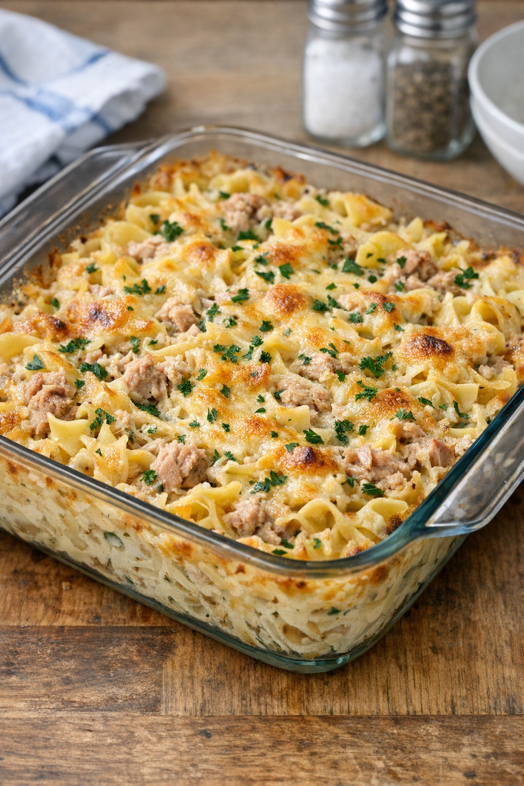Baked tuna noodle casserole in a glass dish