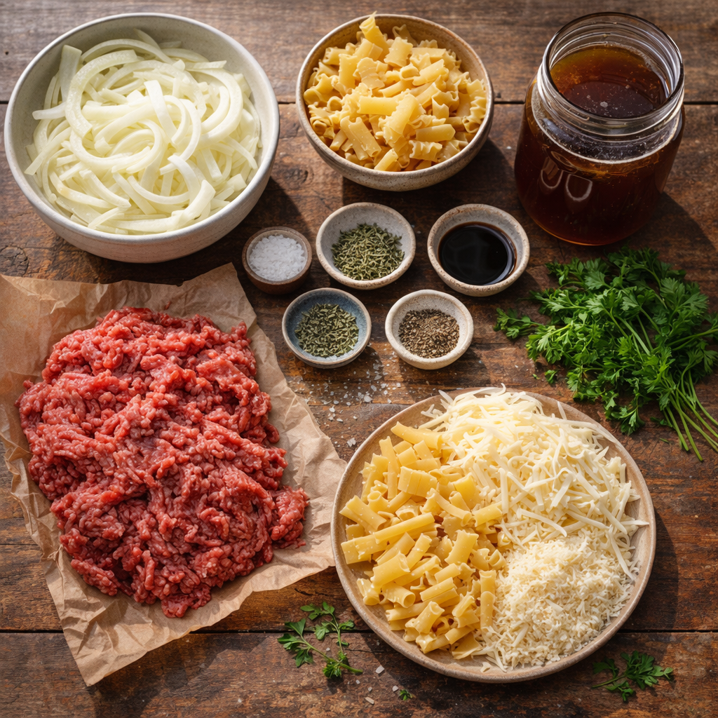 Ingredients arranged on a farmhouse counter