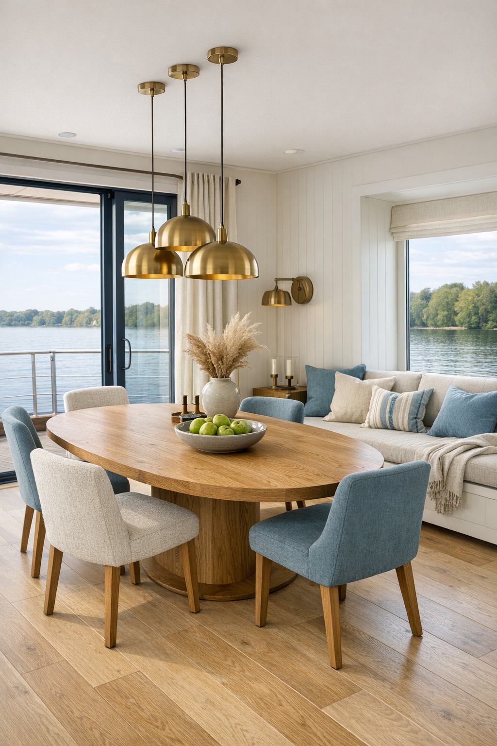 Dining area with an oval oak table, upholstered chairs, and a window banquette by the lake