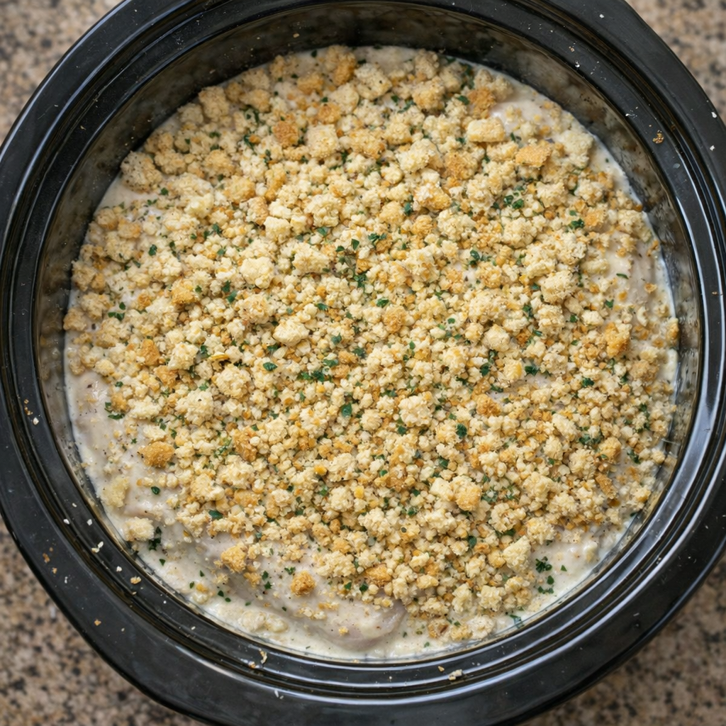 Dry stuffing mix layered over creamy chicken