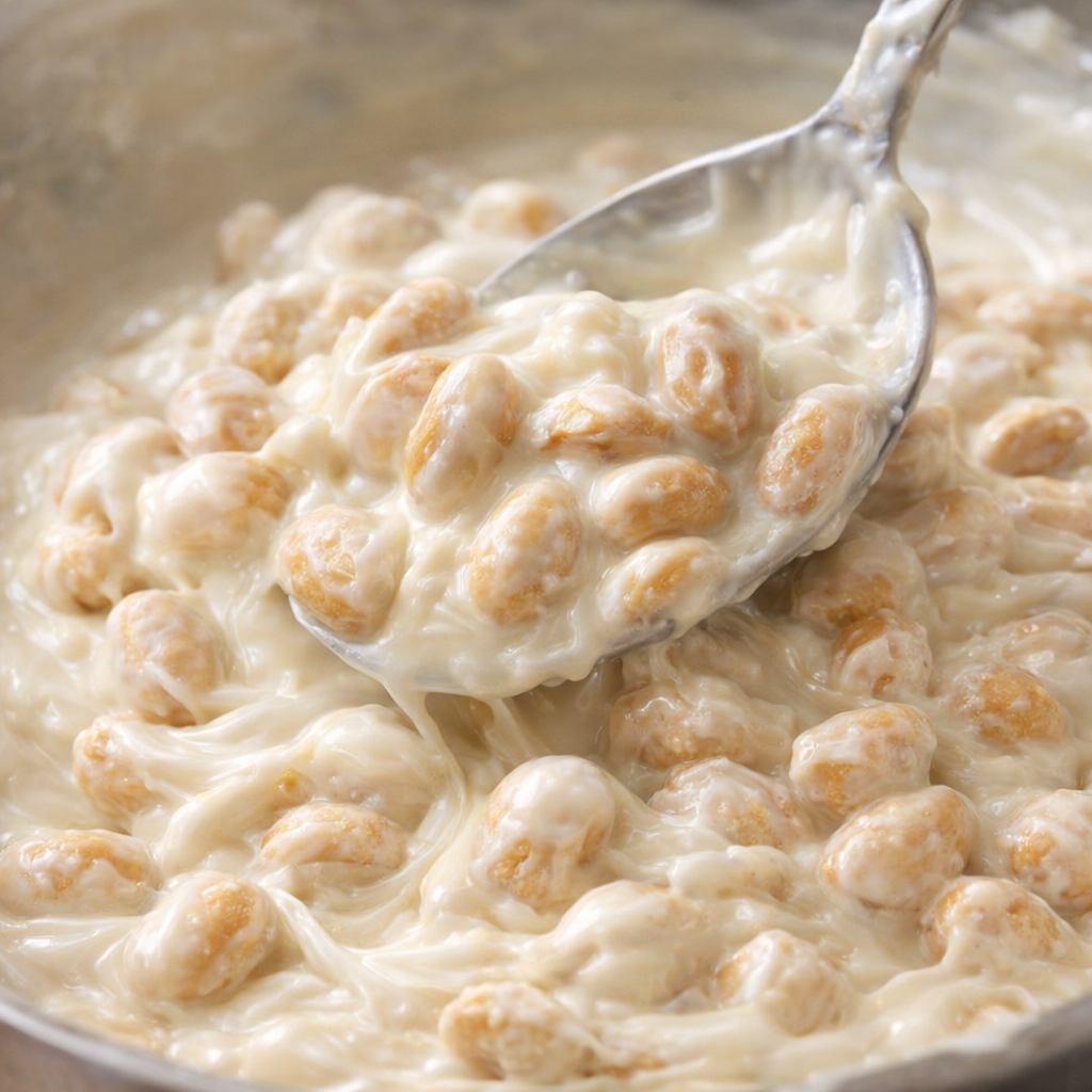 Peanuts stirred into glossy melted white chocolate