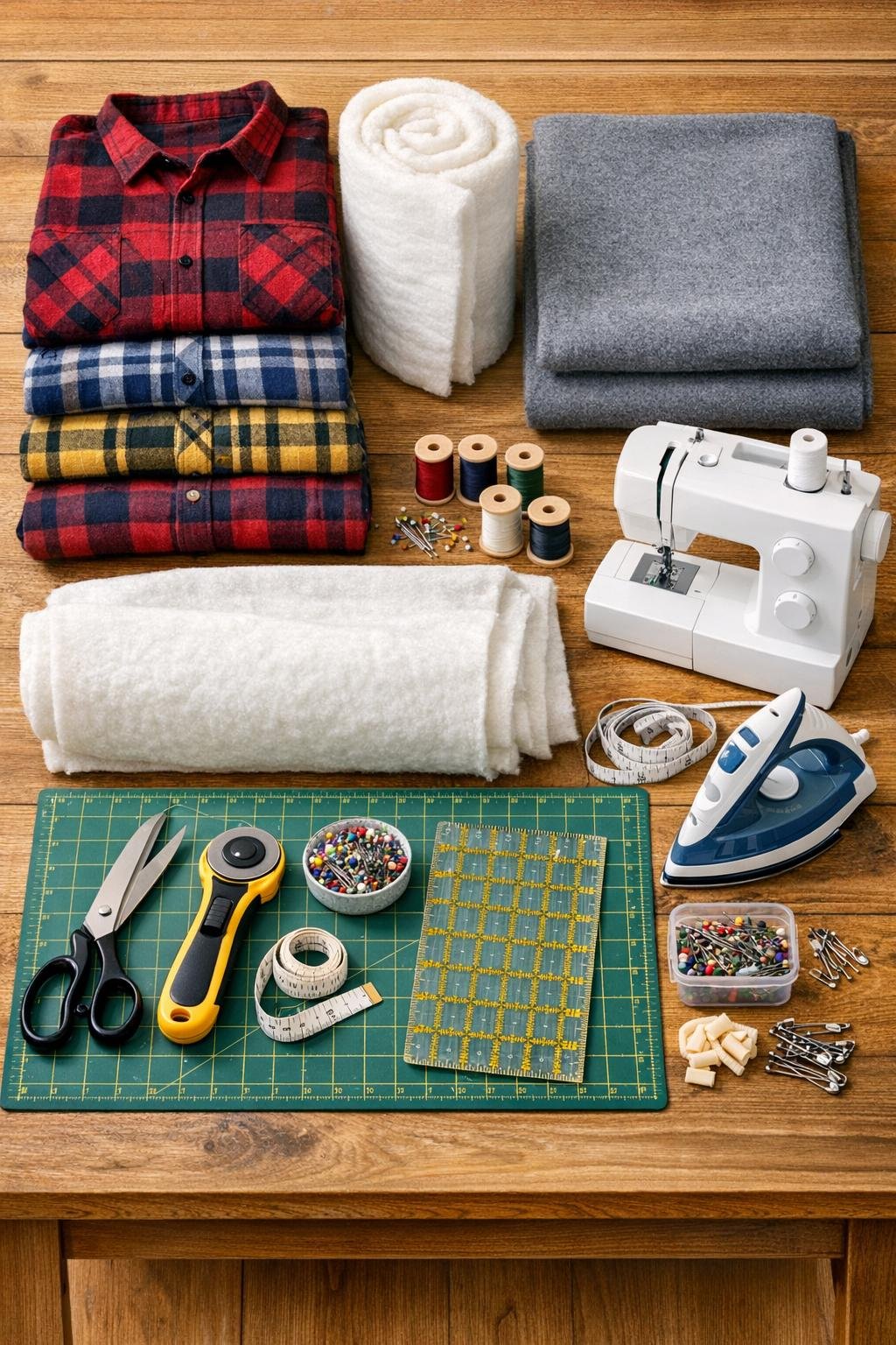 Materials for a flannel shirt throw blanket laid out on a table