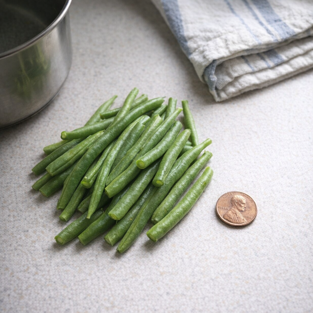 Fresh green beans and a copper penny on a kitchen counter