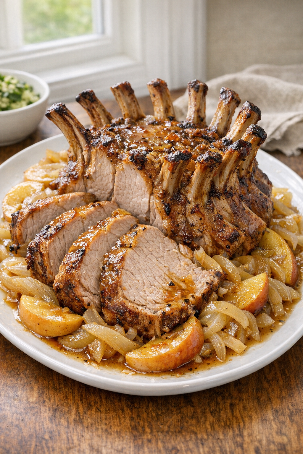 Finished slow cooker pork crown roast on a serving platter