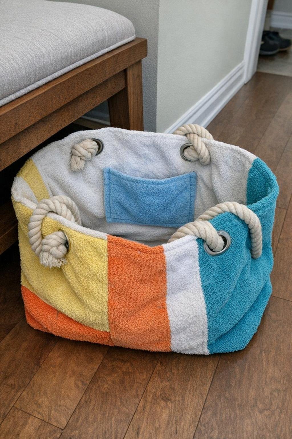 Large beach bag sewn from old towels