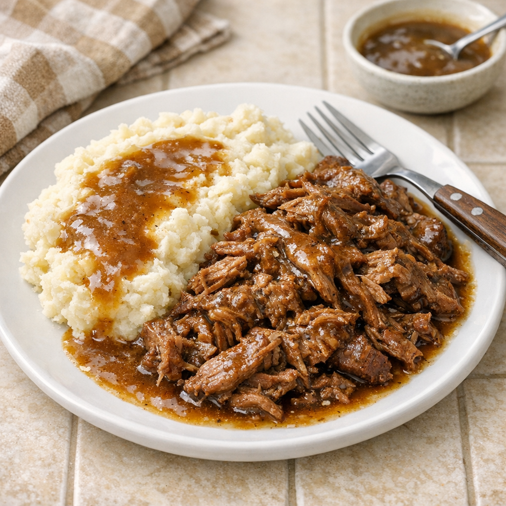 Finished Amish butter beef plated with mashed potatoes