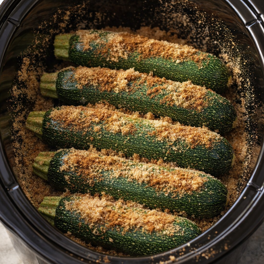 Zucchini in a slow cooker covered with cinnamon sugar
