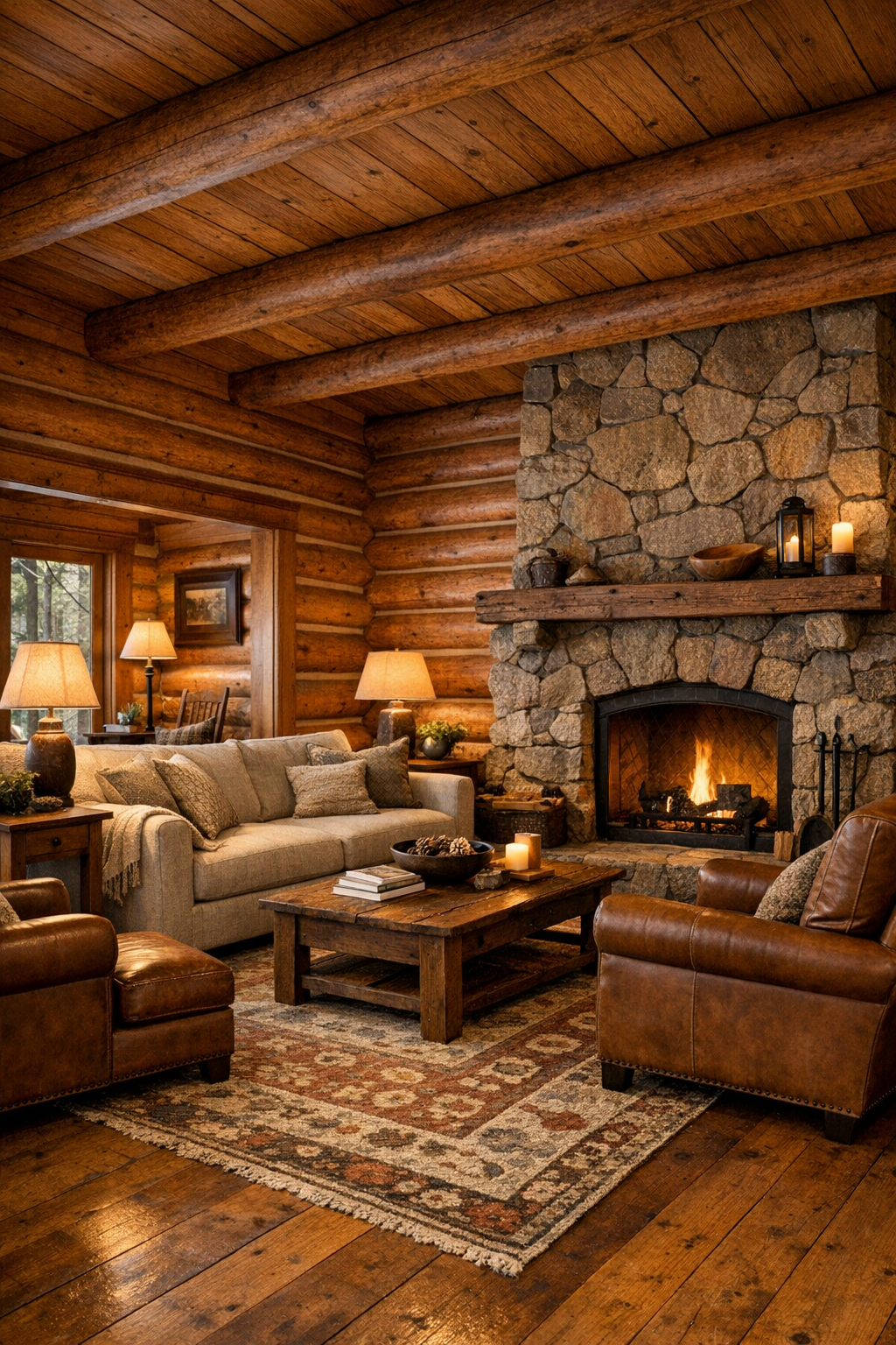 Warm log home living room with stone fireplace and exposed beams