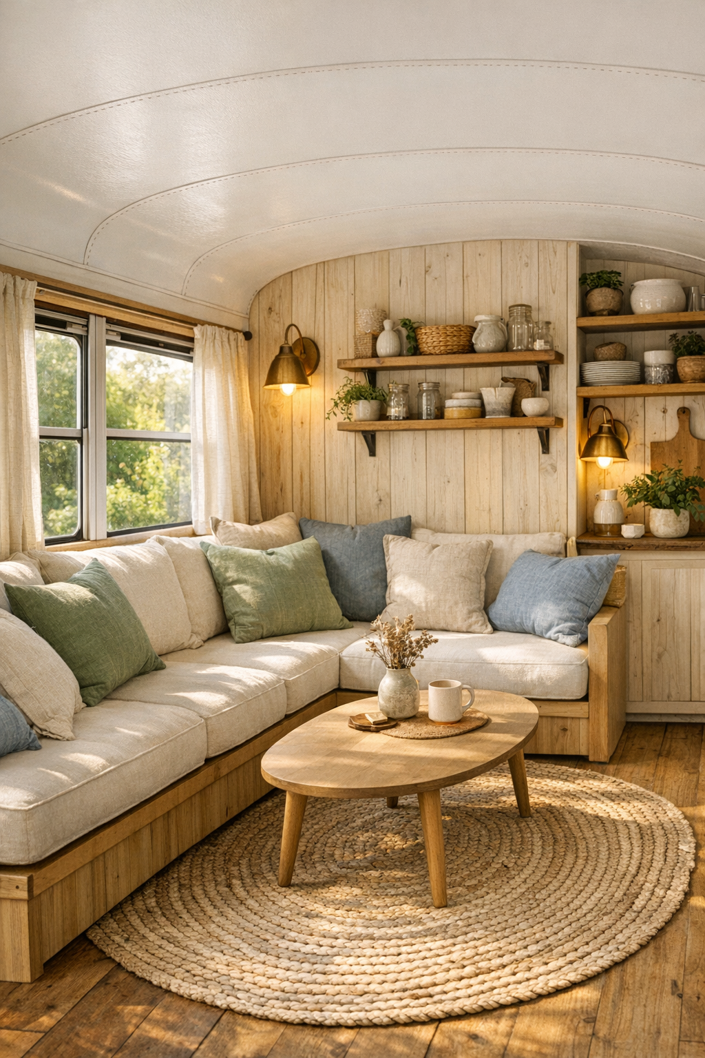 Cozy bus living room with built-in bench seating and sunlit windows