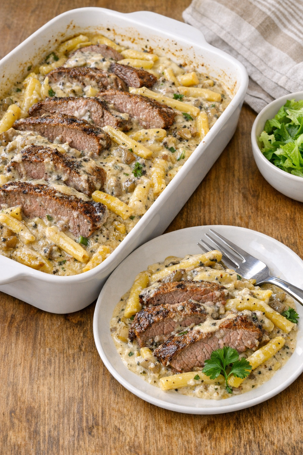 Finished baked beef tri-tip and wax bean casserole plated for dinner