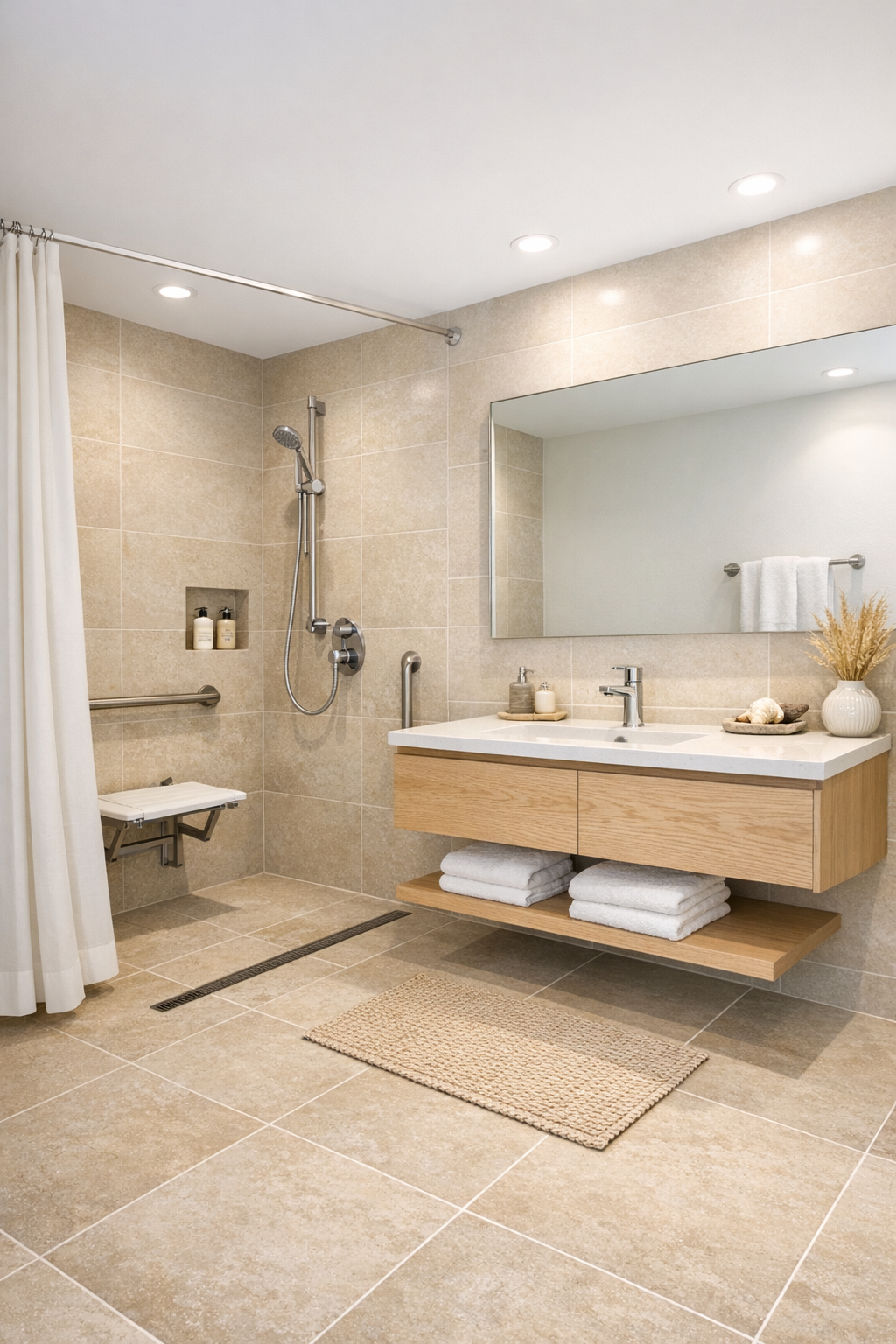 Elegant accessible bathroom with curbless shower and light oak vanity