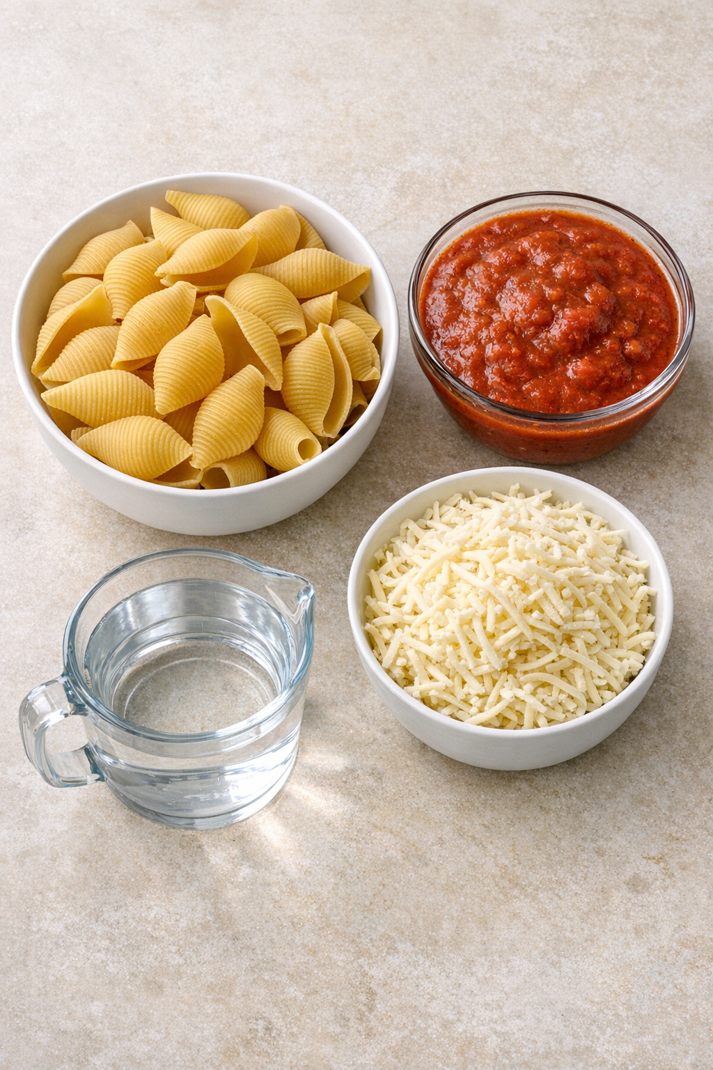 Jumbo shells, pasta sauce, mozzarella, and water